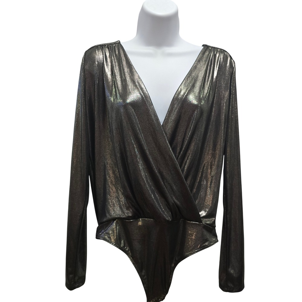 Express Womens Metallic Gold Surplice Studio 54 Disco Long Sleeve Bodysuit Small
